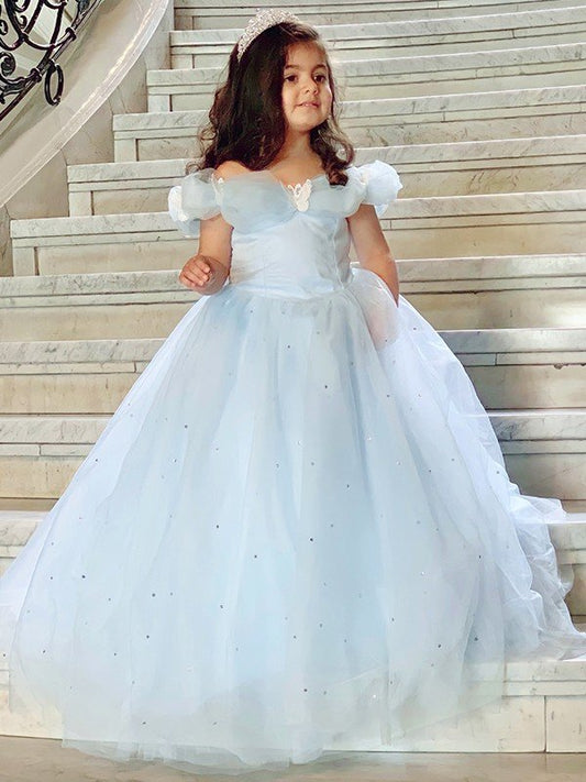 Ball Gown Tulle Rhinestone Off-the-Shoulder Sleeveless Floor-Length Flower Girl Dresses TPP0007466