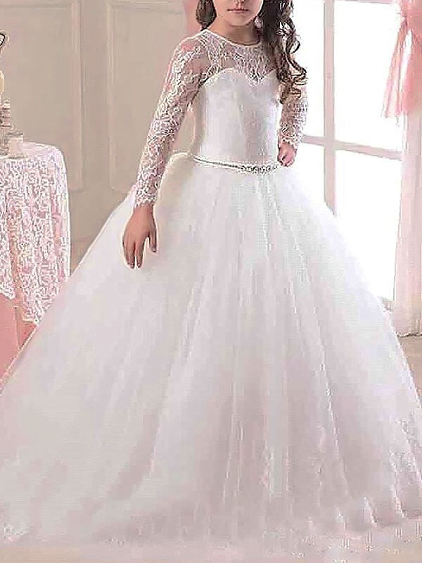 Ball Gown Scoop Long Sleeves Floor-Length Lace Tulle Flower Girl Dresses TPP0007642