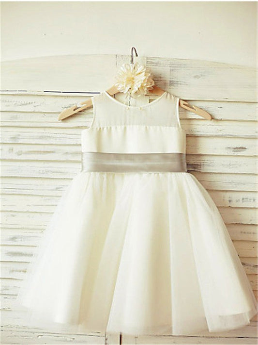 A-line/Princess Scoop Sleeveless Bowknot Tea-Length Tulle Flower Girl Dresses TPP0007690