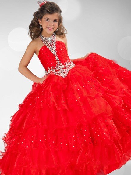 Ball Gown Halter Sequin Rhinestone Sleeveless Long Organza Flower Girl Dresses TPP0007537