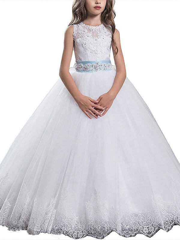 Ball Gown Scoop Sleeveless Applique Floor-Length Tulle Flower Girl Dresses TPP0007666