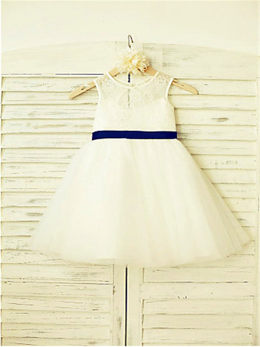 A-line/Princess Scoop Sleeveless Bowknot Tea-Length Tulle Flower Girl Dresses TPP0007833