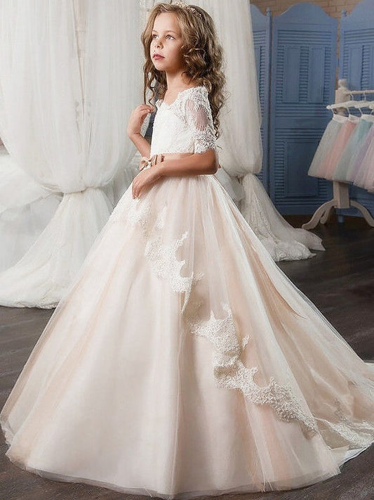 Ball Gown Off-the-Shoulder Short Sleeves Tulle Sash/Ribbon/Belt Flower Girl Dresses TPP0007640