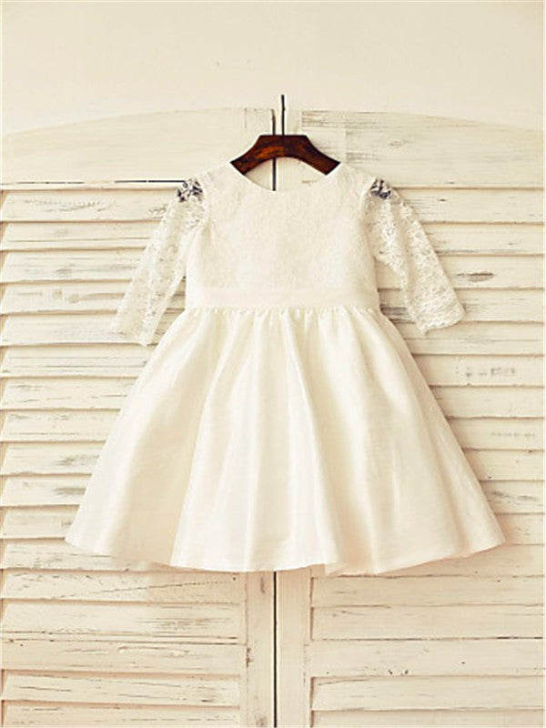 A-line/Princess Jewel Long Sleeves Lace Tea-Length Satin Flower Girl Dresses TPP0007791