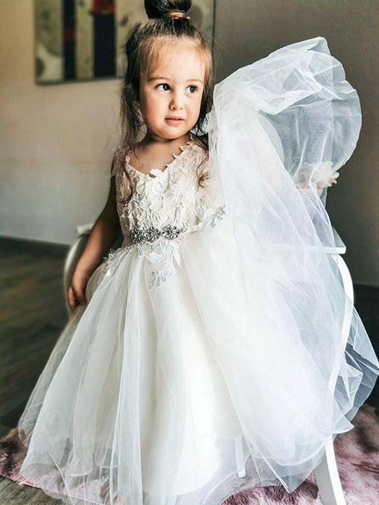 A-Line/Princess Tulle Lace V-neck Sleeveless Ankle-Length Flower Girl Dresses TPP0007460