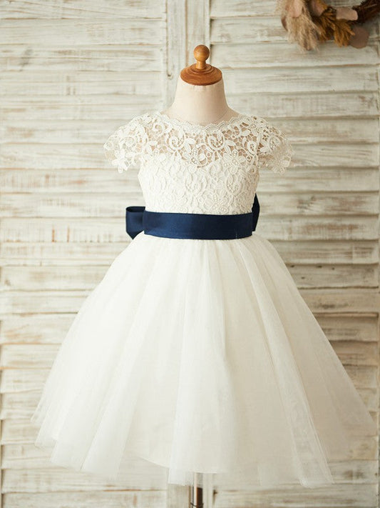 A-Line/Princess Tulle Lace Scoop Sleeveless Knee-Length Flower Girl Dresses TPP0007883