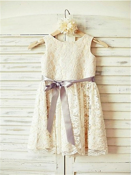 A-line/Princess Scoop Sleeveless Bowknot Tea-Length Lace Flower Girl Dresses TPP0007797