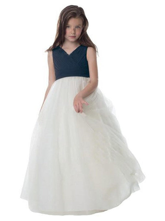 A-Line/Princess Tulle Ruched V-neck Sleeveless Floor-Length Flower Girl Dresses TPP0007912