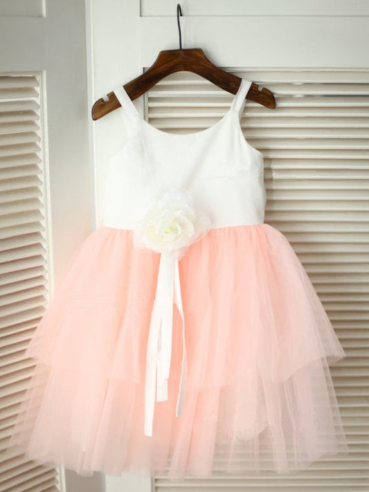 A-line/Princess Spaghetti Straps Sleeveless Hand-made Flower Long Tulle Flower Girl Dresses TPP0007704