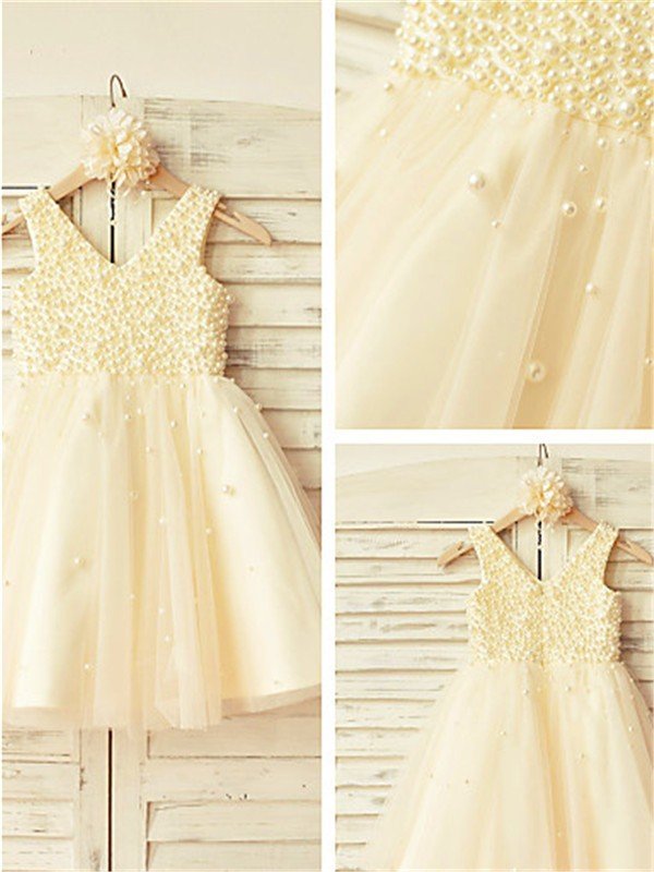 A-line/Princess V-neck Sleeveless Pearls Tea-Length Tulle Flower Girl Dresses TPP0007688