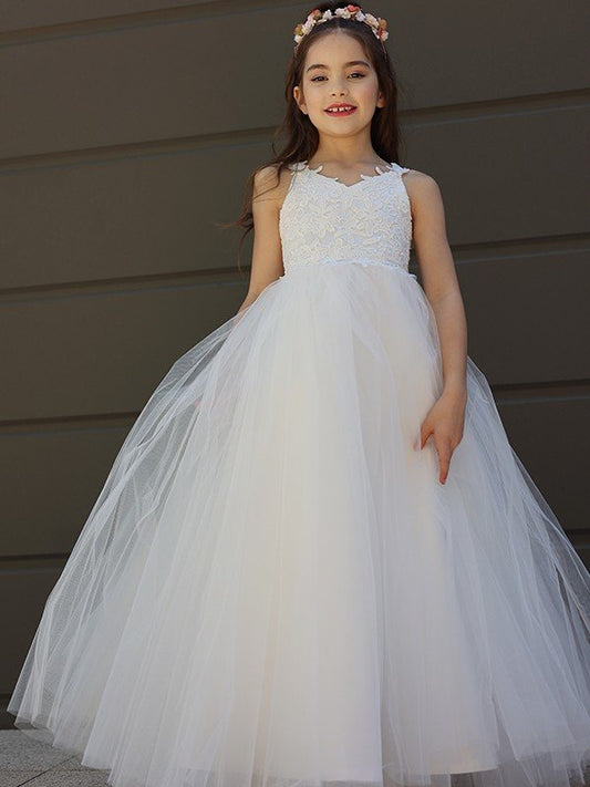 A-Line/Princess Tulle Bowknot Sweetheart Sleeveless Floor-Length Flower Girl Dresses TPP0007458