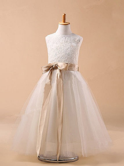 Ball Gown Jewel Sleeveless Bowknot Long Tulle Dresses TPP0007543