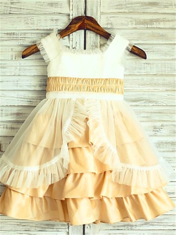 A-line/Princess Square Sleeveless Layers Tea-Length Satin Flower Girl Dresses TPP0007805