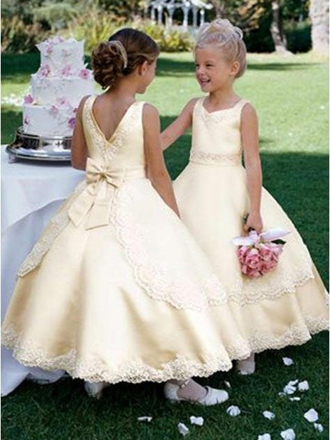 Ball Gown Scoop Sleeveless Bowknot Long Satin Flower Girl Dresses TPP0007625