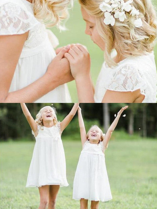 A-Line/Princess Short Sleeves Scoop Knee-Length Lace Chiffon Flower Girl Dresses TPP0007814