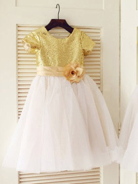 A-line/Princess Scoop Short Sleeves Sequin Long Tulle Dresses TPP0007669