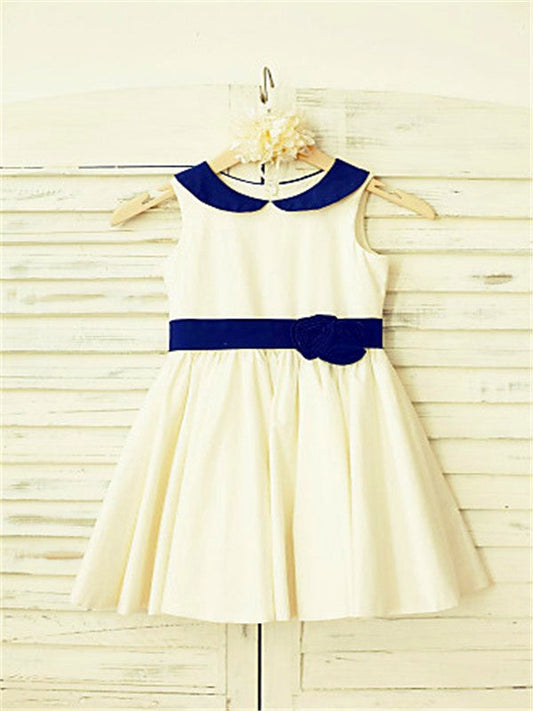 A-line/Princess Scoop Sleeveless Hand-made Flower Tea-Length Satin Flower Girl Dresses TPP0007920