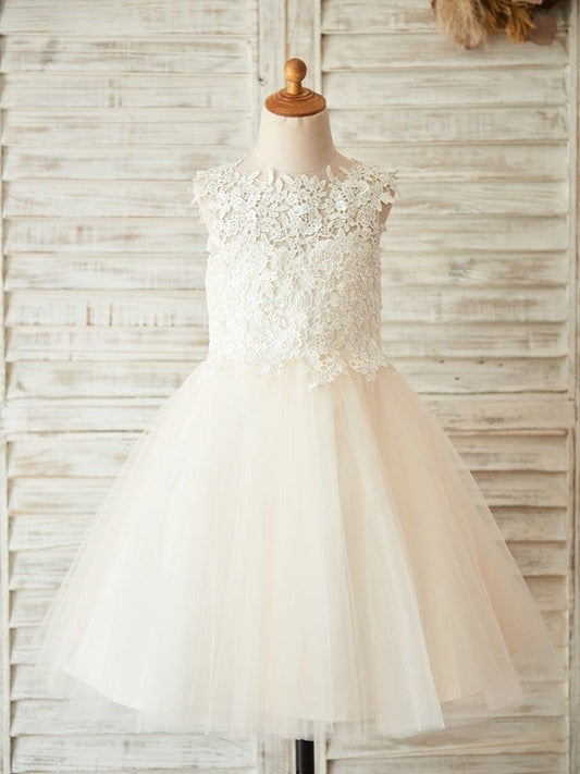 A-Line/Princess Tulle Lace Scoop Sleeveless Knee-Length Flower Girl Dresses TPP0007812