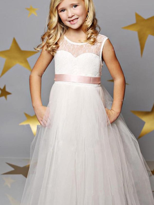 A-Line/Princess Tulle Scoop Sleeveless Sash/Ribbon/Belt Floor-Length Flower Girl Dresses TPP0007891