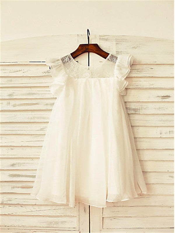 A-line/Princess Scoop Short Sleeves Lace Tea-Length Chiffon Flower Girl Dresses TPP0007691