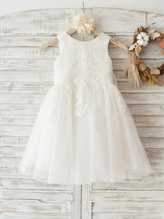 A-Line/Princess Tulle Lace Scoop Sleeveless Knee-Length Flower Girl Dresses TPP0007893