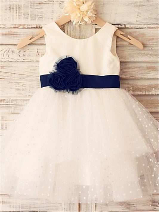 A-line/Princess Sleeveless Scoop Hand-made Flower Tea-Length Organza Flower Girl Dresses TPP0007831