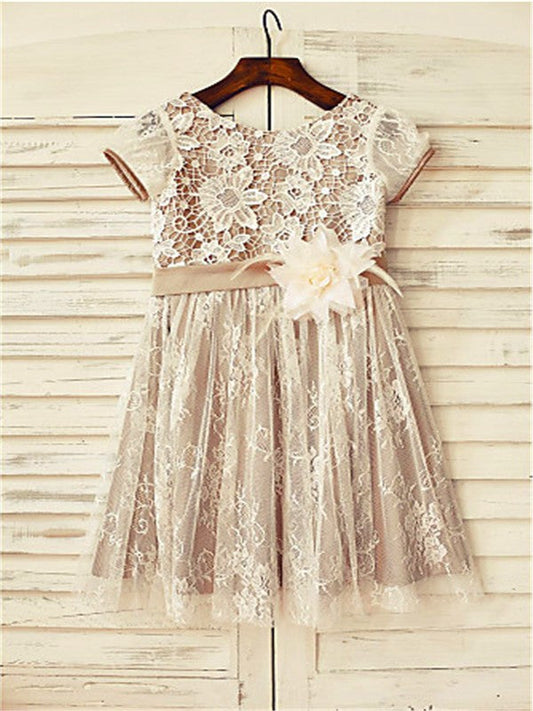 A-line/Princess Scoop Short Sleeves Hand-made Flower Tea-Length Lace Flower Girl Dresses TPP0007728