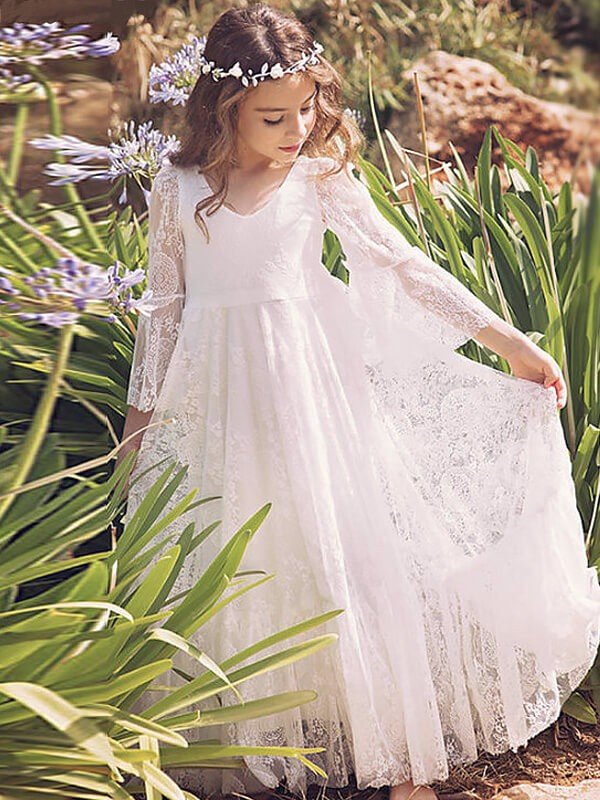 A-Line/Princess Long Sleeves V-neck Lace Floor-Length Flower Girl Dresses TPP0007461