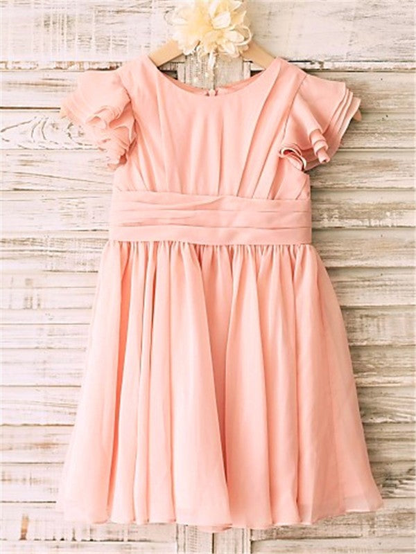 A-line/Princess Scoop Short Sleeves Tea-Length Chiffon Flower Girl Dresses TPP0007854