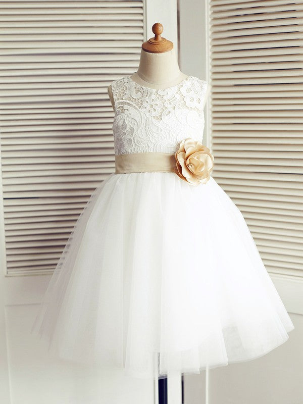 A-Line/Princess Tulle Lace Scoop Sleeveless Knee-Length Flower Girl Dresses TPP0007850