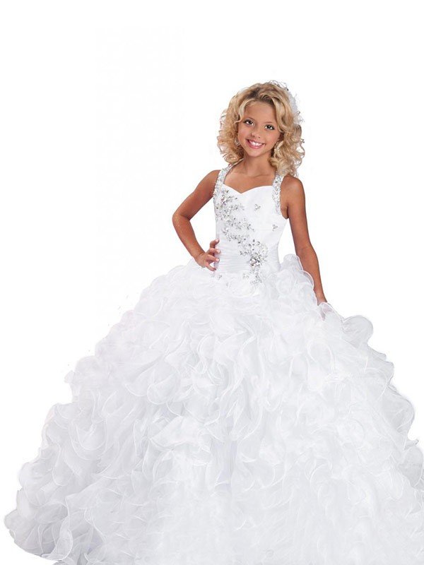 Ball Gown Straps Sleeveless Beading Long Organza Flower Girl Dresses TPP0007558