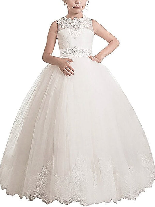 Ball Gown Sleeveless Scoop Sash/Ribbon/Belt Floor-Length Tulle Flower Girl Dresses TPP0007603