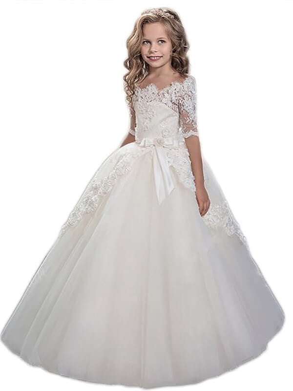 Ball Gown Off-the-Shoulder Short Sleeves Applique Floor-Length Tulle Flower Girl Dresses TPP0007609