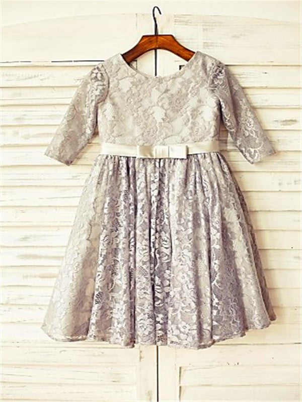 A-line/Princess Scoop 3/4 Sleeves Tea-Length Lace Flower Girl Dresses TPP0007888