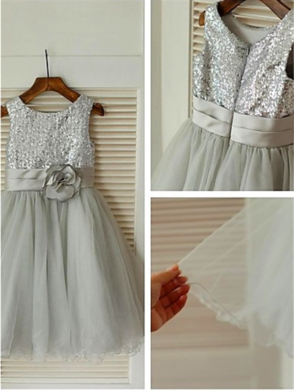 A-line/Princess Scoop Sleeveless Sequin Tea-Length Tulle Flower Girl Dresses TPP0007673