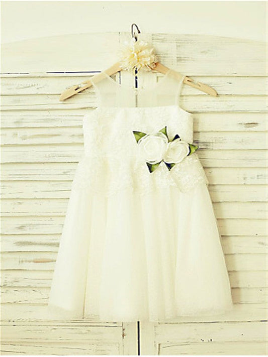 A-line/Princess Straps Sleeveless Hand-made Flower Tea-Length Tulle Flower Girl Dresses TPP0007884