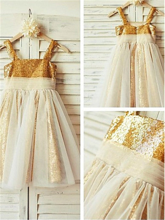 A-line/Princess Spaghetti Straps Sleeveless Ruffles Tea-Length Sequins Flower Girl Dresses TPP0007824