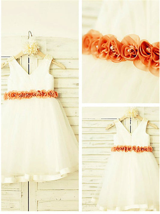 A-line/Princess V-neck Sleeveless Hand-made Flower Tea-Length Tulle Flower Girl Dresses TPP0007821