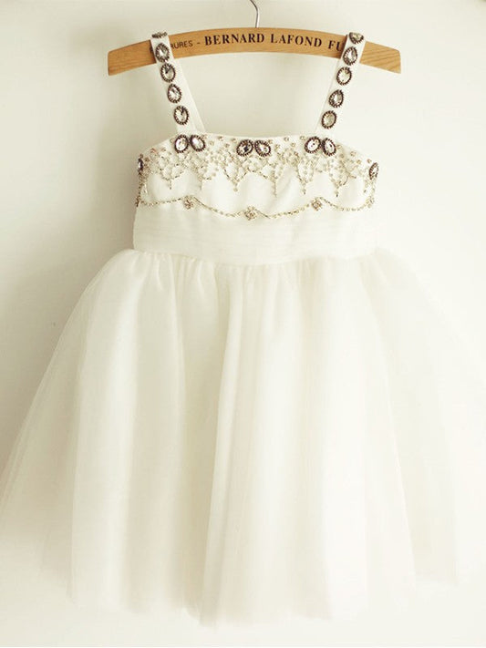 A-Line/Princess Tulle Beading Sleeveless Straps Knee-Length Flower Girl Dresses TPP0007916