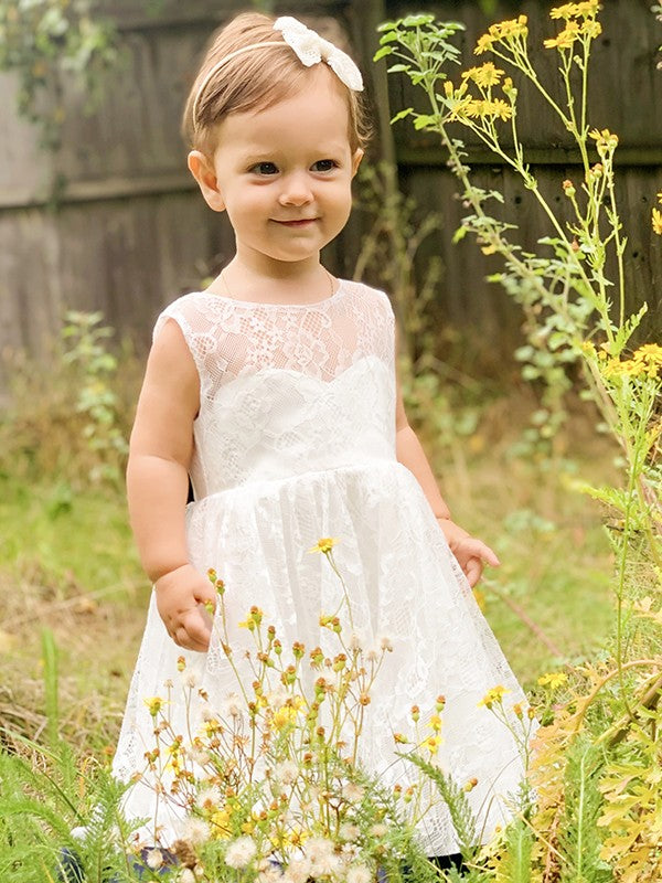 A-Line/Princess Lace Bowknot Scoop Sleeveless Tea-Length Flower Girl Dresses TPP0007498