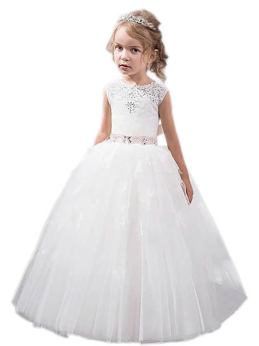 Ball Gown Jewel Sleeveless Crystal Floor-Length Tulle Flower Girl Dresses TPP0007617