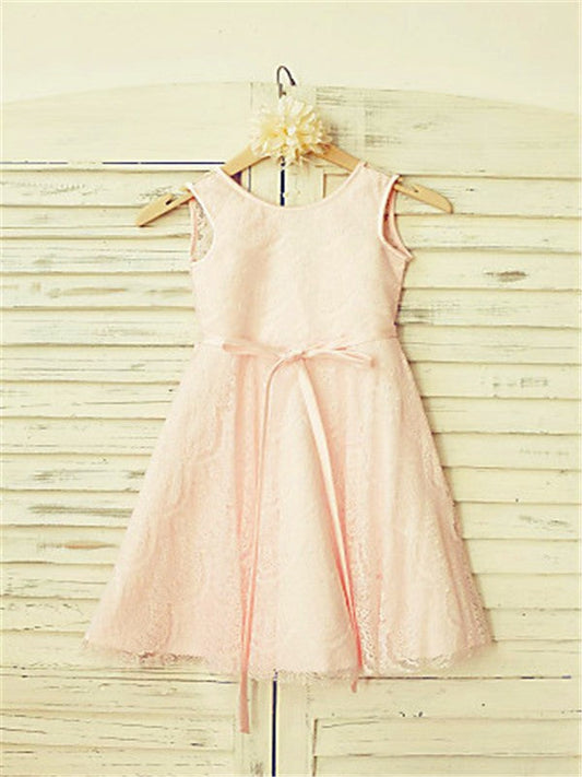 A-line/Princess Scoop Sleeveless Sash/Ribbon/Belt Tea-Length Lace Flower Girl Dresses TPP0007847