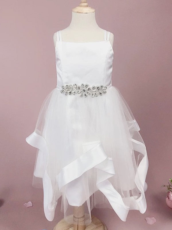 A-Line/Princess Tulle Beading Straps Sleeveless Tea-Length Flower Girl Dresses TPP0007935