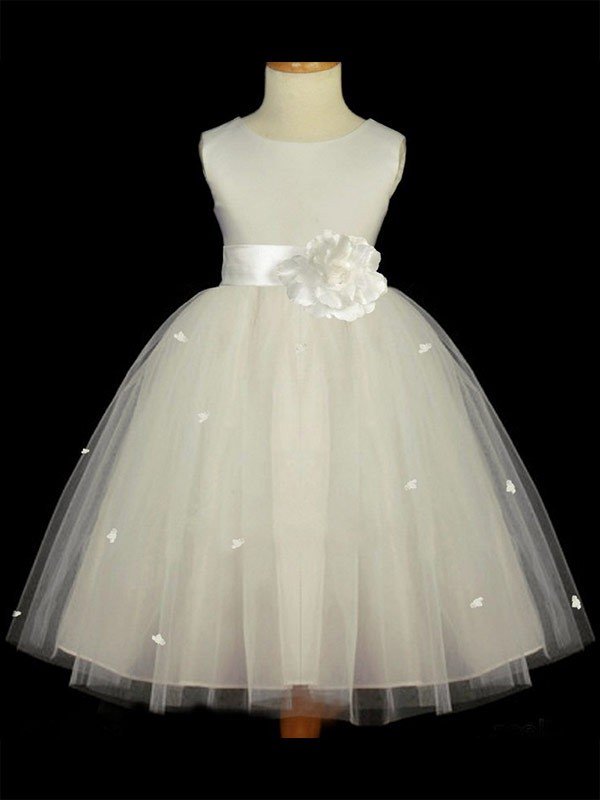 A-line/Princess Scoop Sleeveless Hand-made Flower Long Tulle Flower Girl Dresses TPP0007653