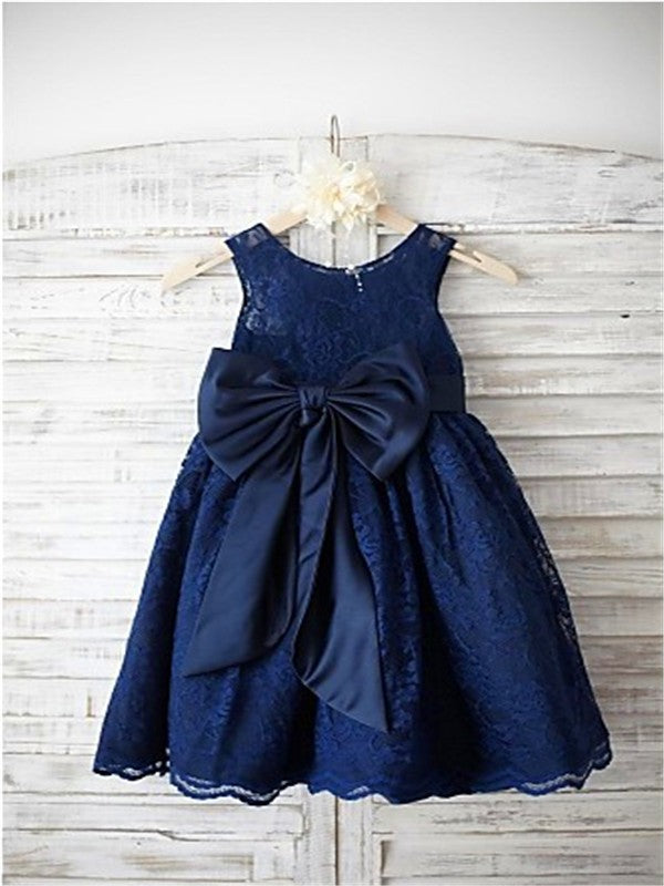 A-line/Princess Scoop Sleeveless Bowknot Tea-Length Lace Flower Girl Dresses TPP0007706