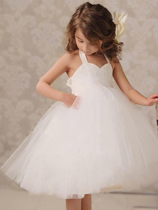 Ball Gown Tulle Applique Halter Sleeveless Knee-Length Flower Girl Dresses TPP0007779