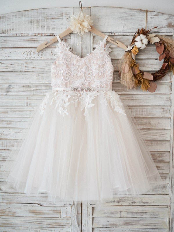 A-Line/Princess Tulle Lace V-neck Sleeveless Knee-Length Flower Girl Dresses TPP0007473