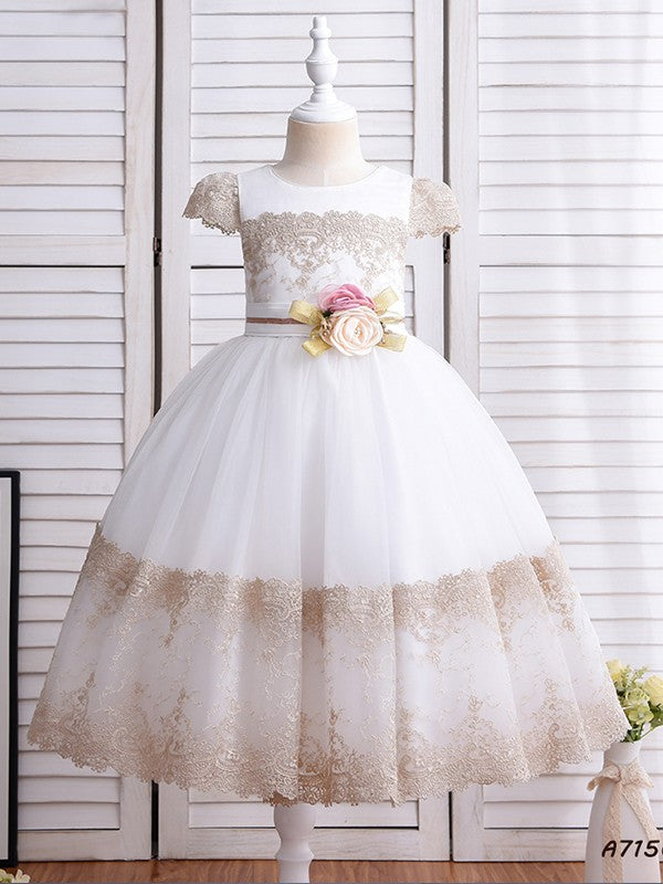 Ball Gown Lace Hand-Made Flower Scoop Short Sleeves Ankle-Length Flower Girl Dresses TPP0007514