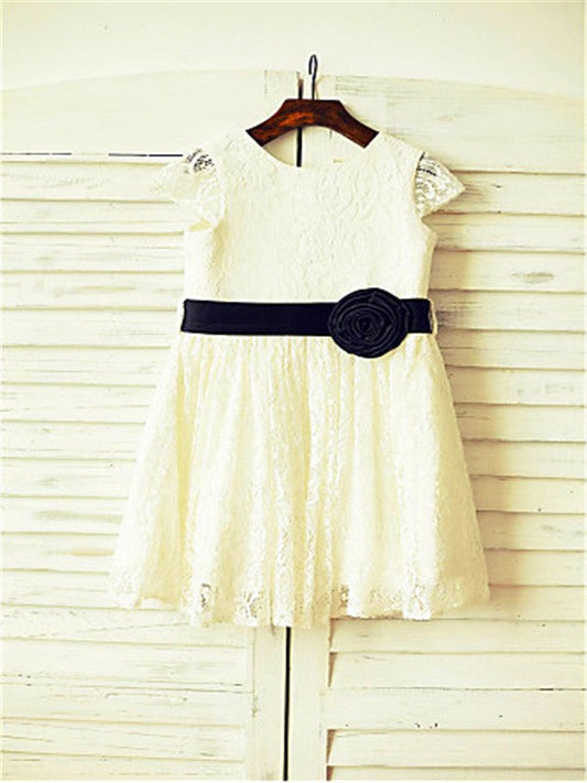 A-line/Princess Scoop Short Sleeves Hand-made Flower Tea-Length Lace Flower Girl Dresses TPP0007929