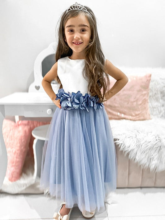 A-Line/Princess Tulle Hand-Made Flower Scoop Sleeveless Tea-Length Flower Girl Dresses TPP0007470